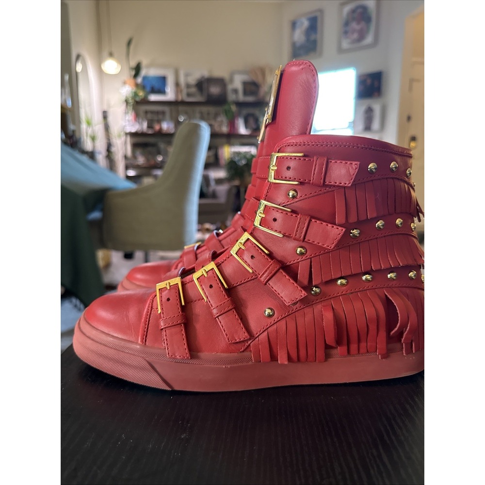 Red Fringe High-Top Fashion Sneakers with Gold Studs